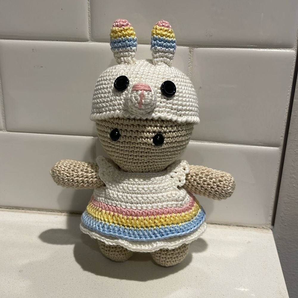 Handcrafted Doll in Bunny Rabbit Dress Easter Holiday Decor Crochet Toy Spring